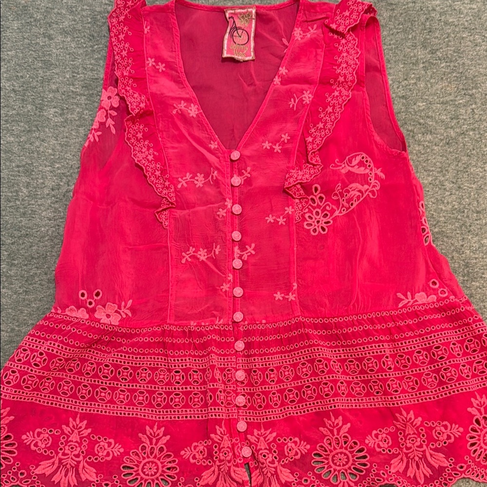 Johnny Was Pink Ruffled Embellished Blouse